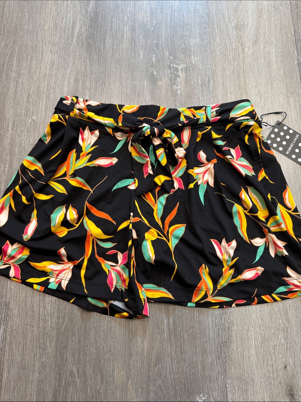 Robert Louis Black Floral Tie-Front Shorts with Multicolor Leaves